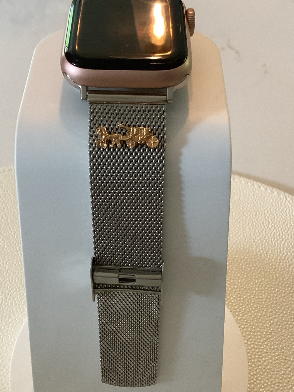 Coach Apple Watch Band Silver Mesh Band and Gold Coach Carriage Charm
